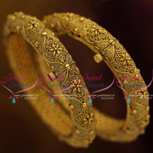 B8286 Screw Open Broad Heavy Antique Gold Handmade Nakshi Floral Bangles Shop Online