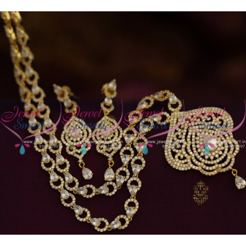 NL8528 Gold Plated CZ White Stones Long Necklace Gold Design Quality Wedding Jewellery Online