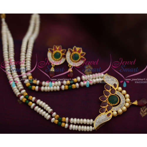 NL1554 Real Pearls Semi Precious Beaded Two Strand Jewellery Necklace Earrings Kemp Spinel Ruby CZ Pendant