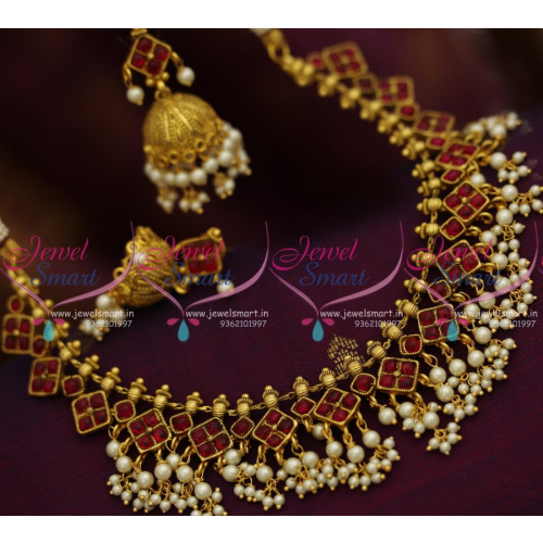 NL8429 Kemp Ruby Stone Pearl Jalar Kerala Design Necklace Jhumka Earrings