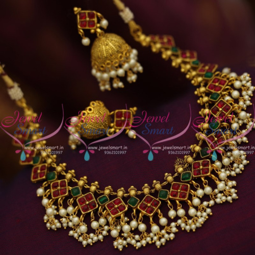 NL8430 Kemp Ruby Green Stone Pearl Jalar Kerala Design Necklace Jhumka Earrings