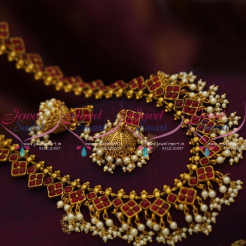 NL8433 Kemp Ruby Stone Pearl Jalar Kerala Design Haram Jhumka Earrings