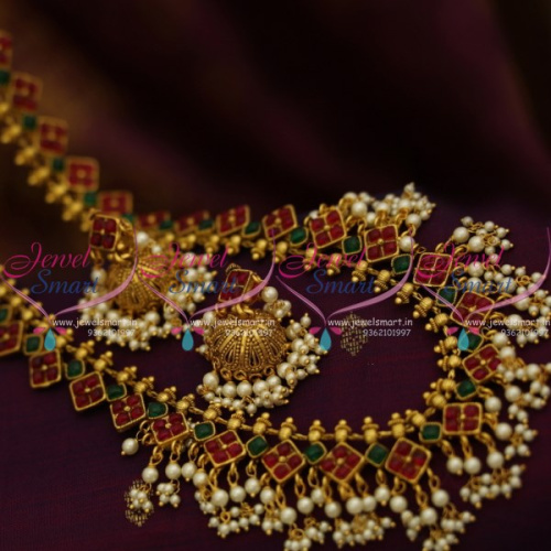 NL8434 Kemp Ruby Green Stone Pearl Jalar Kerala Design Haram Jhumka Earrings