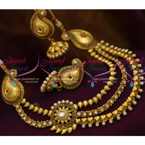 NL1892 3 Step Mango Necklace Side Kundan Pendant Mango Design Antique Plated Fashion Jewelry
