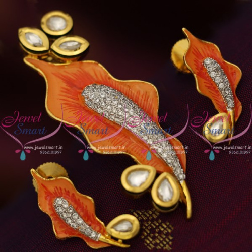 PS8390 Leaf Design Stylish Colourful Peach CZ Kundan Fashion Pendant Set