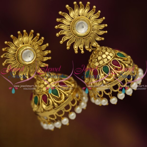 Sun Design Tops Nakshi Jhumka Kundan Red Green Pearl Drops Earrings
