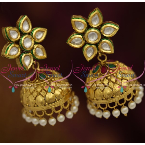 J8374 Kundan Floral Design Tops Nakshi Jhumka Kundan Red Green Pearl Drops Earrings