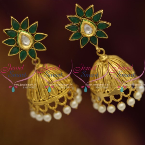 J8376 Floral Tops Nakshi Jhumka Kundan Green Stones Pearl Drops Earrings