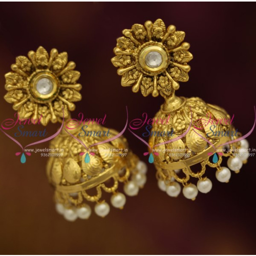 J8377 Floral Design Tops Nakshi Jhumka Kundan Pearl Drops Earrings Latest Jewellery
