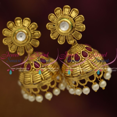 J8378 Floral Design Kundan Tops Nakshi Jhumka Red Stones Pearl Drops Earrings