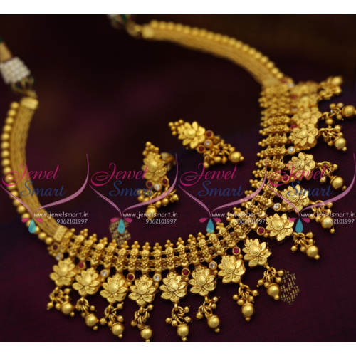 NL8257 One Gram Gold Plated Floral Nakshi Work Short Necklace Imitation Jewellery