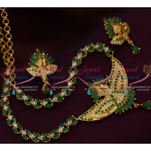 NL8476 Gold Plated Peacock 3D Emboss Design White Emerald Semi Precious Short Necklace