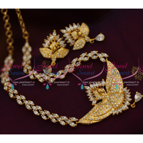 NL8480 Gold Plated Peacock 3D Emboss Design Full American Diamond Short Necklace