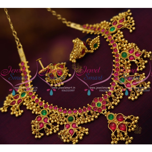 NL8315 Real Kemp Spinel Ruby Emerald Beads Jalar Necklace Jhumka Screwback