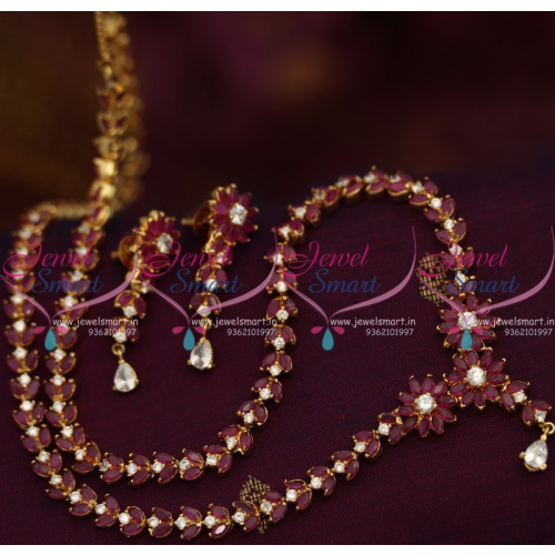 NL8356 Ruby White Floral Design Haram Long Necklace Traditional Gold Design Jewellery