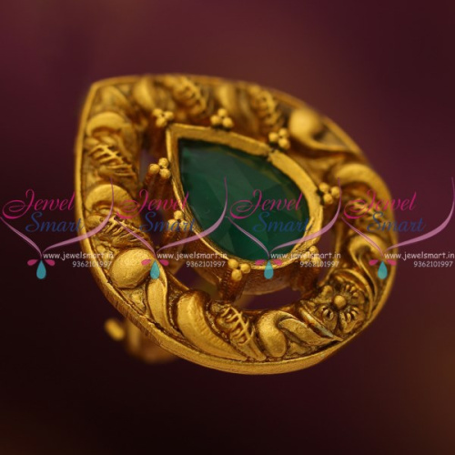 F8673 Green Stone Floral Nakshi Matte Antique Gold Finish Adjustable Finger Rings Online