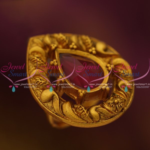 F8674 Red Stone Floral Nakshi Matte Antique Gold Finish Adjustable Finger Rings Online