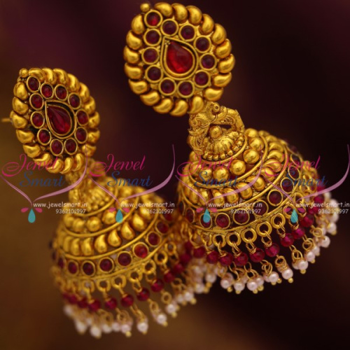 J7879 Antique Stylish Trendy Kemp Red Pearl Two Step Drops Big Size Jhumka Earrings Online