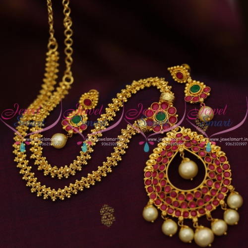 NL8718 Gajri Mala Chain Kemp Pendant Pearl Drops Screwback Fancy Gold Plated Jewellery