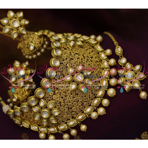 NL8560 Kundan Antique Choker Necklace Heavy Jhumka Maang Tikka Grand Jewellery Set
