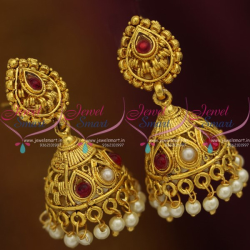 J8717 Small Size Light Weight Kemp Red Pearl Gold Plated Jhumka Earrings Online