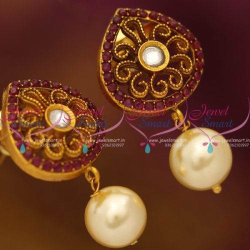 ER8591 Ruby White Mat Finish Copper Tone Imitation Earrings Traditional Floral Design Pear Shape Jewellery