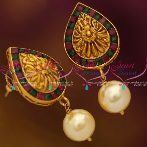 ER8592 Red Green Mat Finish Copper Tone Nakshi Earrings Traditional Floral Design Jewellery