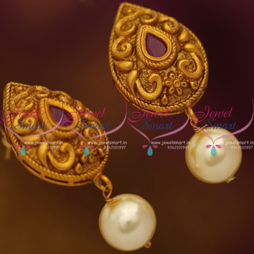 ER8593 Red Pearl Mat Finish Copper Tone Nakshi Earrings Traditional Floral Design Jewellery