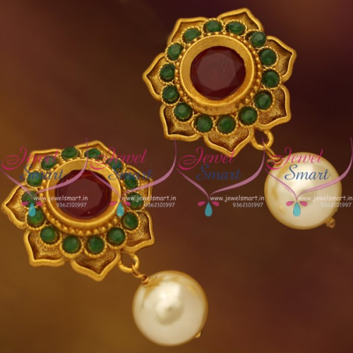 ER8596 Floral Traditional Gold Design Mat Finish Copper Tone Red Green Colour Earrings