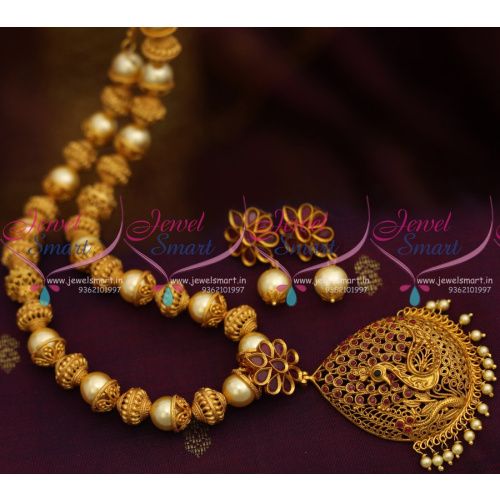 NL8708 Peacock Design Ball Beaded Pearl Reddish Matte Gold Handmade Fashion Jewellery