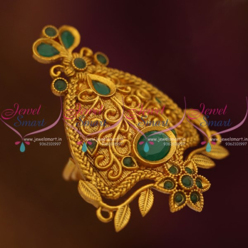 F8627 Green Antique Mat Gold Finish Nakshi Work Adjustable Finger Rings Online