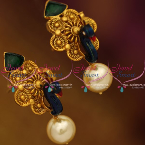 ER8582 Peacock Design Mat Reddish Gold Finish Meenakari Fashion Earrings Online