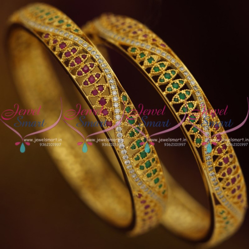 B8603 Fancy Ruby Emerald AD Semi Precious Stones Gold Design Plated Bangles 2 Pieces Set