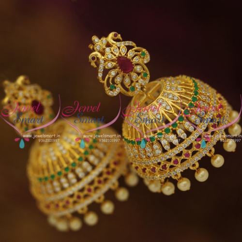 J9074 Big Broad Ruby Emerald Diamond Finish Floral Bollywood Style Fashion Jhumka Earrings