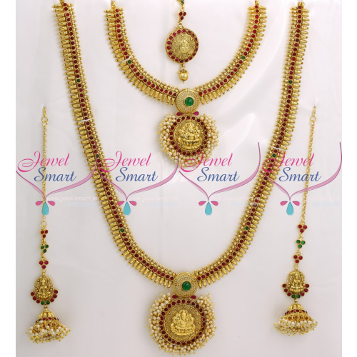 BR9041 Full Bridal Temple Jewellery Set Red Green Kemp Stones Traditional South Indian Collections