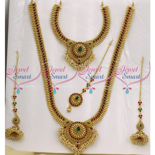 BR9039 Full Bridal Jewellery Set Red Green Kemp Stones Traditional South Indian Collections