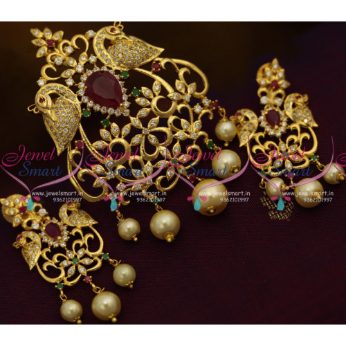 PS9017 Ruby Emerald White AD Peacock Design Imitation Pendant Sets Gold Plated Jewellery