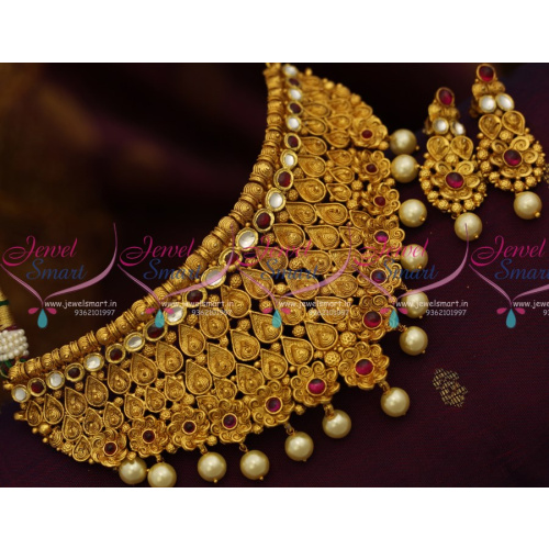 NL8840 One Gram Gold Jadau Kundan Choker Necklace Grand Real Look Pearl Drops Jewellery