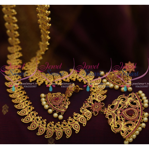 NL8869 Ruby Stones Peacock Traditional Design Broad Long Necklace Haram Collections