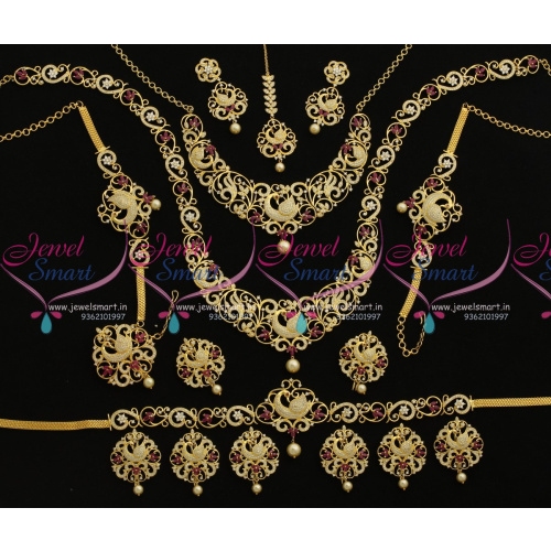 BR9101 Peacock Design Gold Plated Ruby White Stones Full Bridal Wedding Jewellery Set