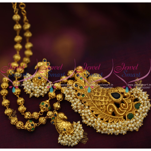 NL8851 Green Blue Stones Gold Plated Peacock Design Pearl Danglers Beads Mala Latest Jewellery