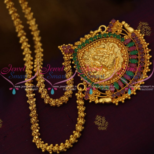 CS8930 Gold Plated Traditional Ruby Emerald 24 Inches Chain Pendant Temple Jewellery Online
