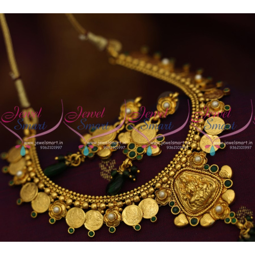 NL8824 Temple Coin Green Kasumala Traditional Design Necklace Antique Gold Plated