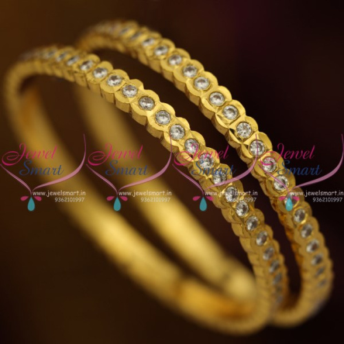 B8837 Gold Plated Traditional AD White Stones Thick Metal Handmade Bangles Online