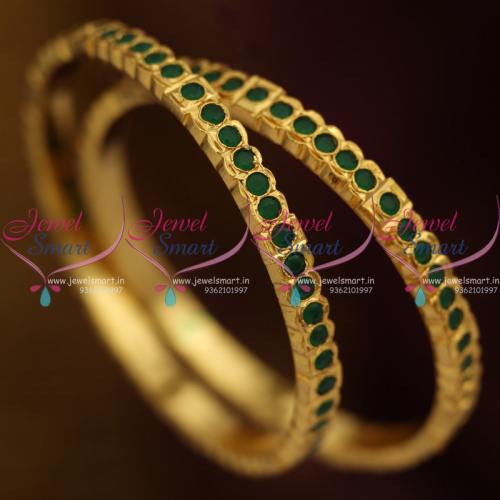 B8848 Gold Plated Emerald Green Stones Thick Metal Bangles South Indian Collections