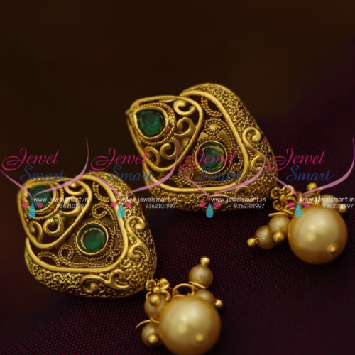 ER9148 Green Stones Pearl Drops Handmade Gold Design Light Weight Earrings