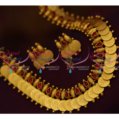 NL9225 Kemp Red Matte Dull Gold Kasu Mala Short Coin Necklace Traditional Temple Jewellery