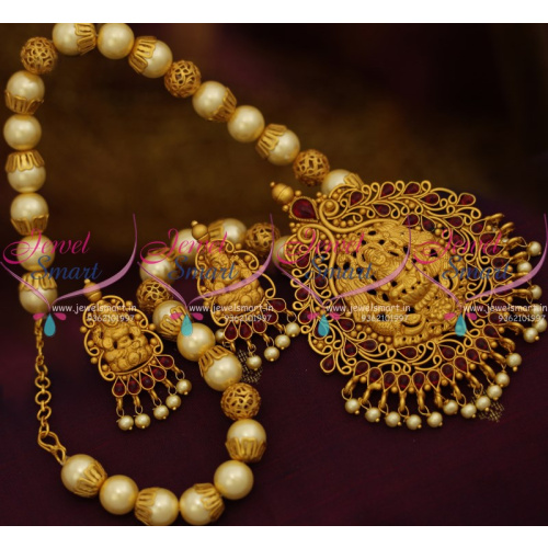 NL9288 Temple Nagas Big Pendant Pearl Mala Beaded Matte Gold Finish Jewellery