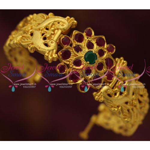 B7457 Ruby Emerald One Gram Gold Plated Broad Screw Open Kada Bracelet Online