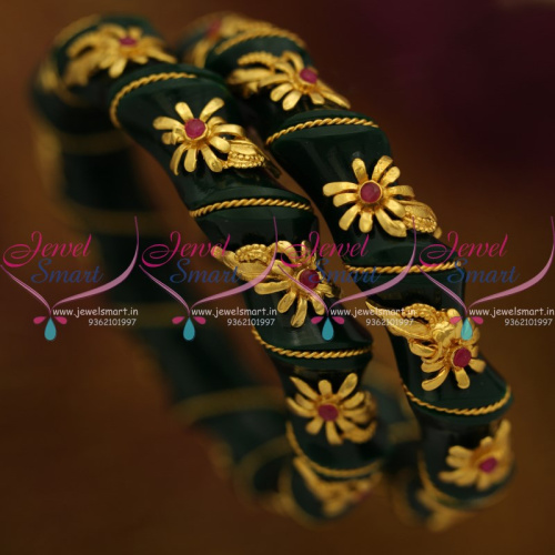 B9134 Green colour Plastic Broad Twisted Bangle One Gram Ruby Floral Handwork Fancy Jewellery